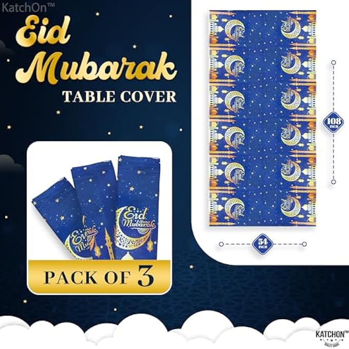 Bandai BLUE EID MUBARAK TABLE CLOTH108X54 INCH, PACK OF 3 | EID MUBARAK TABLE COVER FOR EID DECORATION FOR HOME | EID MUBARAK DECORATIONS, ISLAMIC DECORATIONS FOR TABLE | EID AL ADHA DECOR - Image 3